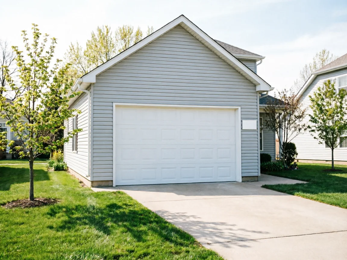 A white garage door is on a light gray house with a green lawn.