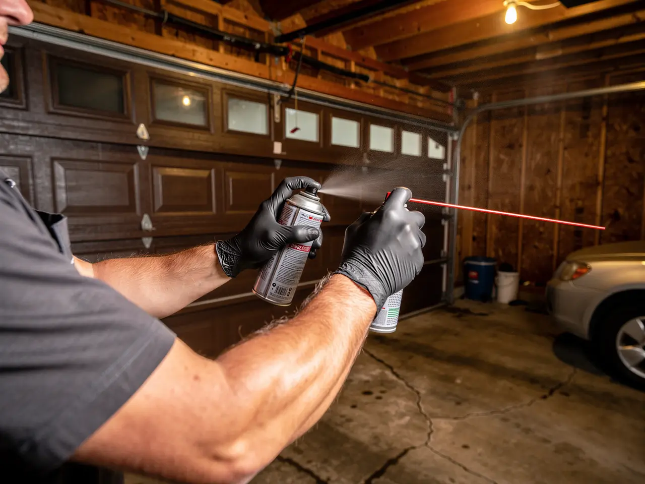 A technician sprays lubricant from two cans in a garage with a brown door.